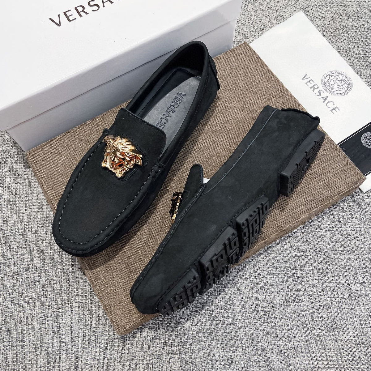 Versace Men's Black Gold-Tone Hardware Loafers - Contrast Stitching