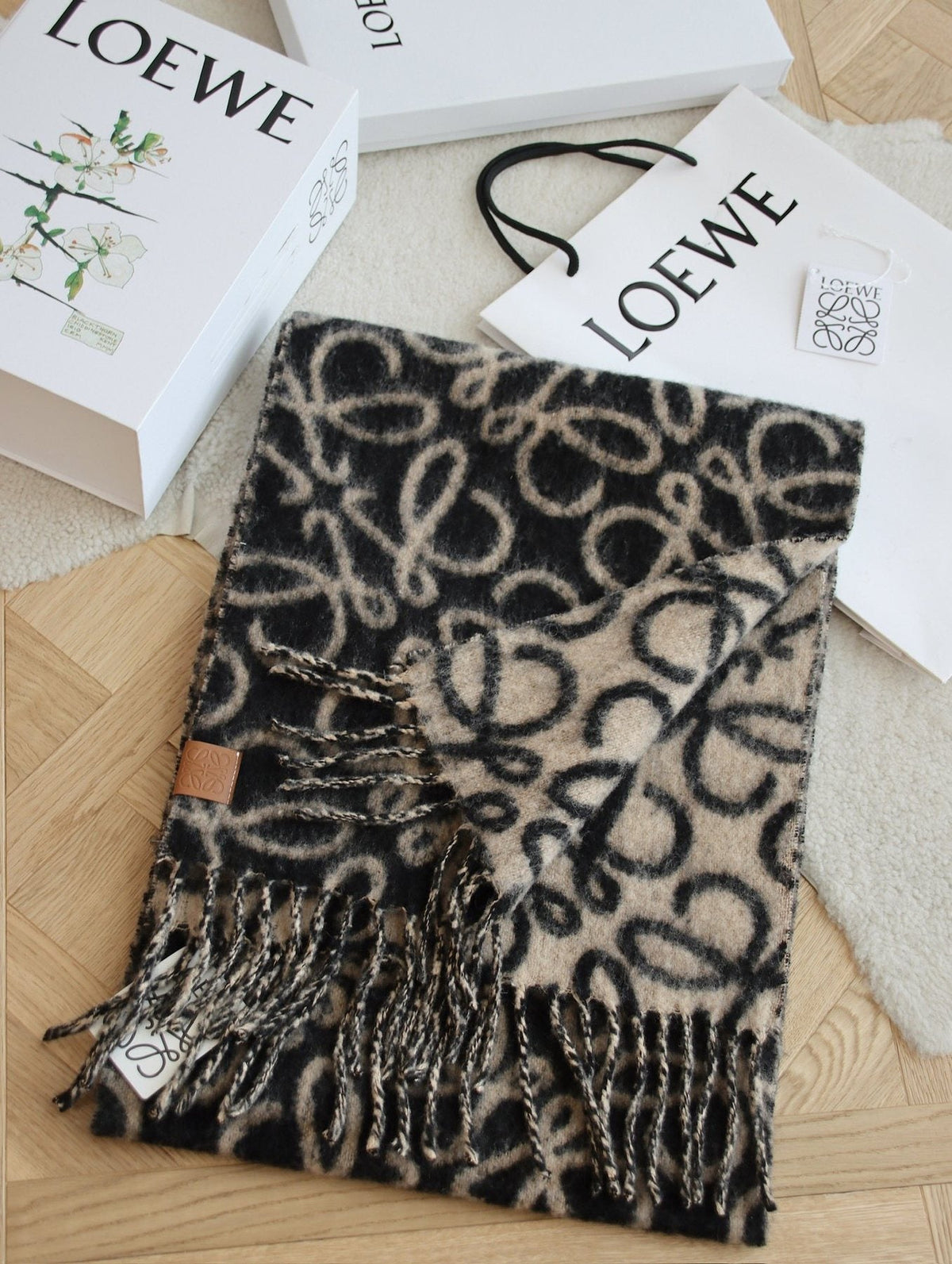 Loewe Beige and Black Patterned Fringe Scarf