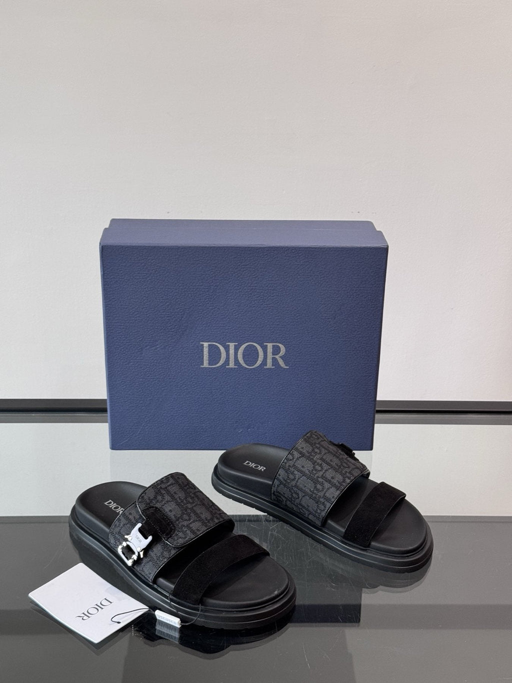 Dior Men's Dark Gray Patterned Slide Sandals