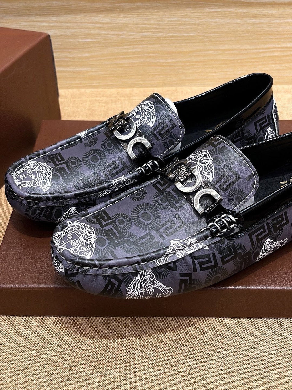 Versace Black and Gray Patterned Loafers